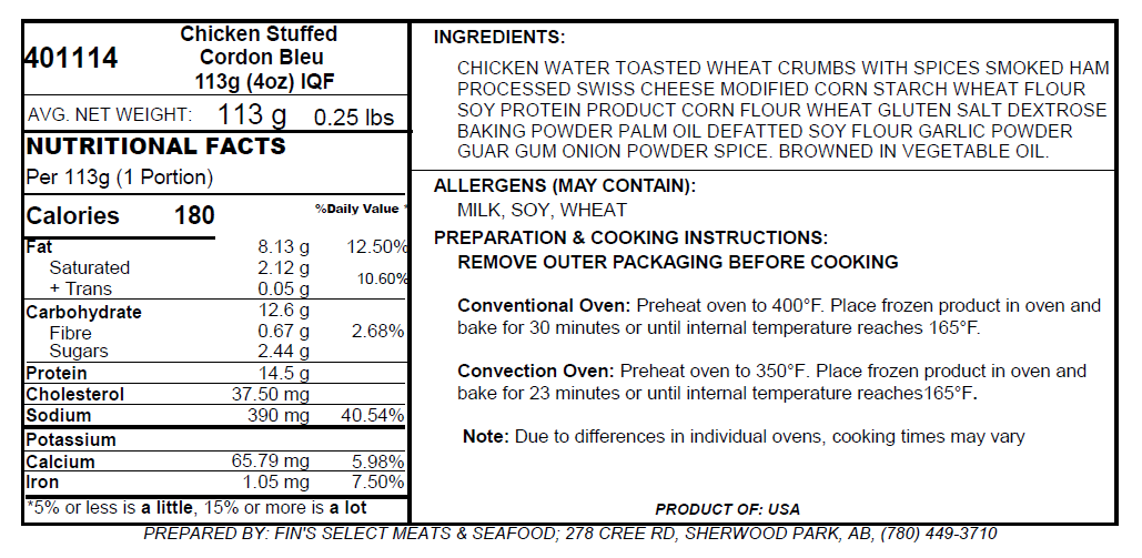 Cordon Bleu Stuffed Chicken Breast, 4oz 6 Per Pack , FZ