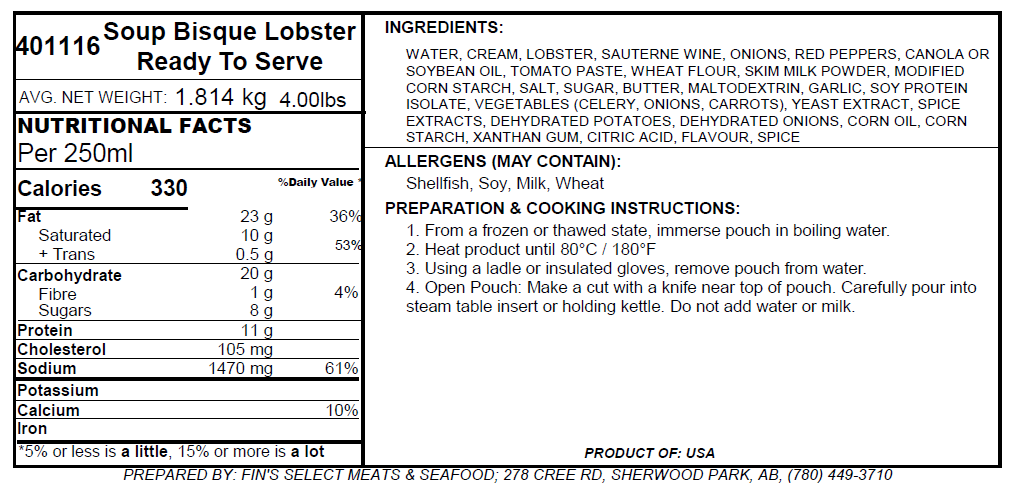 Lobster Bisque Soup, 4 LB Pouch, Frozen ❄️